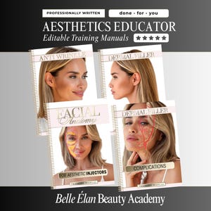 Puede incluir: Cuatro manuales de formación encuadernados en espiral titulados AESTHETICS EDUCATOR, ANTI WRINKLE, DERMAL FILLER, FACIAL ANATOMY FOR AESTHETIC INJECTORS y DERMAL FILLER COMPLICATIONS. Las portadas muestran fotos y diagramas anatómicos.