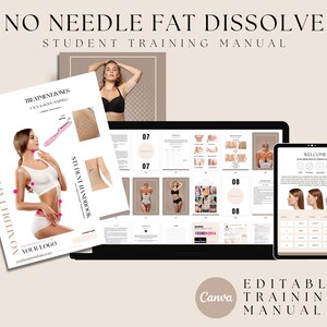 Puede incluir: Un manual de formación digital para un tratamiento de disolución de grasa sin agujas. El manual incluye una página de bienvenida, zonas de tratamiento, un manual del estudiante y una sección sobre el producto Cosmoderma. El manual es editable y se puede utilizar para fines de formación.