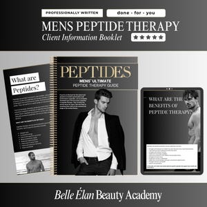 Puede incluir: Un folleto de información para clientes en blanco y negro titulado MENS PEPTIDE THERAPY con una guía de espiral que muestra a un hombre con traje y una pantalla de tableta. El texto incluye What are Peptides y What are the benefits of peptide therapy.