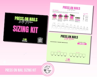 May include: Press-on nail sizing kit with a black and white design. The kit includes a sizing chart with numbered nail sizes and a chart to record your measurements. The text "Press on Nails with Maria" is featured on the kit.