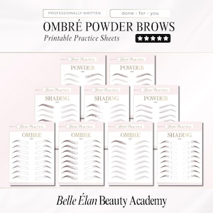 Op de afbeelding: Afdrukbare oefenbladen voor Ombré Powder Brows, met verschillende wenkbrauwstijlen. De vellen zijn gelabeld met "Powder", "Shading" en "Ombre". De tekst "Belle Élan Beauty Academy" staat onderaan, met "Professionally Written" bovenaan.