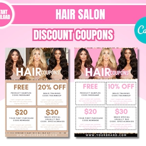 Puede incluir: Un folleto rosa y blanco con el texto "HAIR SALON DISCOUNT COUPONS" en letras negras en negrita. El folleto presenta cuatro cupones con diferentes ofertas para productos y servicios para el cabello. Los cupones incluyen ofertas para muestras de productos gratis, 20% de descuento en capacitación de trenzas, € 20 de descuento en su primera compra y € 30 de descuento en trenzas especiales. El folleto también incluye la dirección del sitio web "WWW.YOURBRAND.COM".
