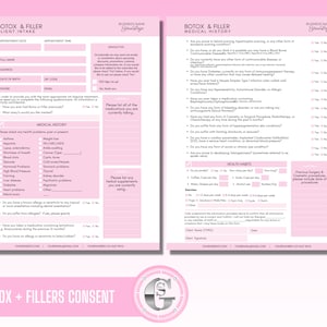 Botox & Fillers Consent Forms, Botulinum Toxins, Dermal Fillers, Client Intake Form, Medical, Aesthetics templates, Editable