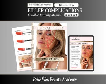 Puede incluir: Un manual de formación encuadernado en espiral titulado Filler Complications junto a una tableta digital con el mismo contenido. La portada muestra un diagrama de anatomía facial sobre un rostro, con páginas interiores de ilustraciones médicas.