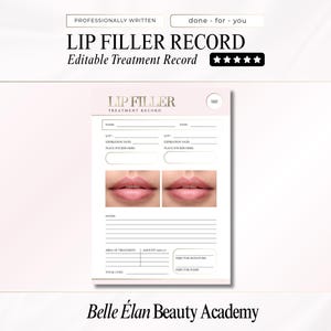 Formulaire d'enregistrement du traitement du client pour produits de comblement des lèvres, modèle de produit de rebouchage des lèvres pour infirmière injecteur, planificateur d'injections esthétiques pour esthéticienne, graphique modifiable de la carte des lèvres