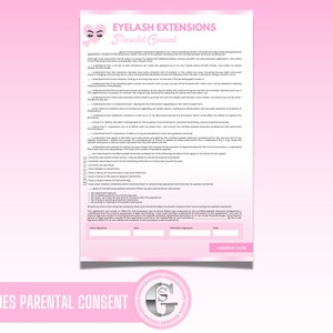 Parental Consent for Lashes Form, Lash Extensions, Client Consent, Eyelash Extensions, Pink, Add your logo, Lashes Document, Edit in Canva