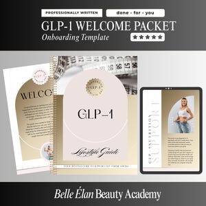 May include: A GLP-1 welcome packet onboarding template featuring a spiral-bound lifestyle guide, a printed document, and a tablet display. The materials include text, gold and blush pink arch graphics, and a measuring tape background element.