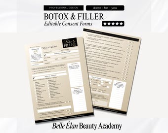 Może przedstawiać: Dwa beżowo-czarne edytowalne formularze zgody na zabiegi Botox i Filler. Formularze zawierają sekcje dotyczące historii medycznej, danych osobowych i zapisu do newslettera. Tekst "BOTOX & FILLER" jest wyświetlany na górze.