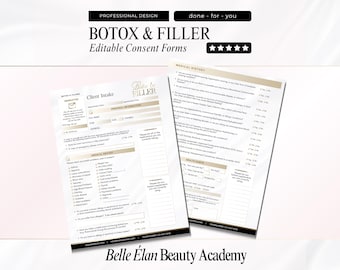 Może przedstawiać: Dwa edytowalne formularze zgody na zabiegi Botox i Filler. Formularze mają beżowo-białą kolorystykę z tekstem "Botox & Filler" na górze. Formularze zawierają sekcje dotyczące przyjęcia klienta i historii medycznej. Zaprojektowane przez Belle Élan Beauty Academy.