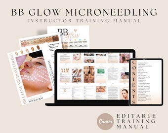 Könnte beinhalten: Ein digitales Marketing-Kit für die BB Glow Microneedling-Schulung. Das Kit enthält ein Schülerhandbuch, ein Schulungshandbuch für Ausbilder und eine Inhaltsseite. Das Kit ist für die Bearbeitung mit Canva konzipiert.