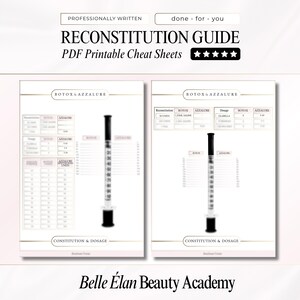 Op de afbeelding: Een afdrukbare PDF-gids getiteld "RECONSTITUTION GUIDE" met de tekst "done - for - you" en "PROFESSIONALLY WRITTEN". De gids bevat tabellen, diagrammen en een spuitenillustratie. De onderkant van de afbeelding luidt "Belle Élan Beauty Academy".