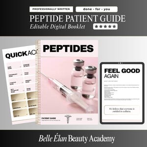 Puede incluir: Un folleto digital de guía para pacientes sobre péptidos con una portada rosa, una jeringa y dos viales, junto a una hoja de referencia rápida y una pantalla de tableta que muestra el texto Feel Good Again sobre salud y bienestar.