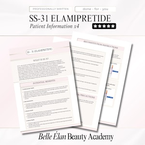 SS-31 Elamipretide-Peptid Packungsbeilage, Anleitung, Anleitung, Dosierung, Rekonstution, Medspa Handout Vorlagen, Bearbeiten in Canva