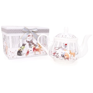 May include: White porcelain teapot with a winter woodland scene featuring animals and a snowman. The teapot comes in a white gift box with a gray and white patterned lid and a silver ribbon.