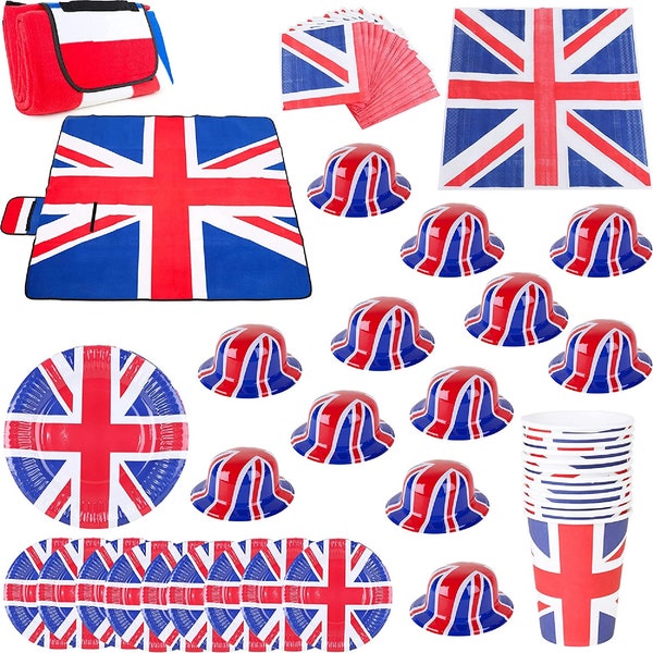 Union Jack 55 Piece Picnic Bundle Set Including Waterproof Blanket, Bowler Hats & Tableware - Party Supplies