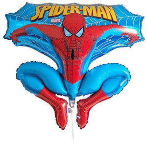 Könnte beinhalten: Ein blauer und roter Folienballon in Form von Spider-Man. Der Ballon hat ein Spinnennetz-Design und die Worte "Spider-Man" und "Marvel" sind darauf gedruckt.
