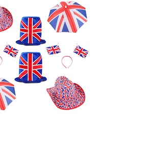 Eurovision 2023 8 Piece Party Wear Bundle - 8 Union Jack Design Novelty Hats - British Fancy Dress