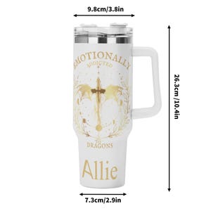Vaso de acero inoxidable personalizado de 40 oz con pajita para amantes de los dragones de fantasía, taza personalizada con nombre de libro, regalo de lector de fantasía para amantes del romance