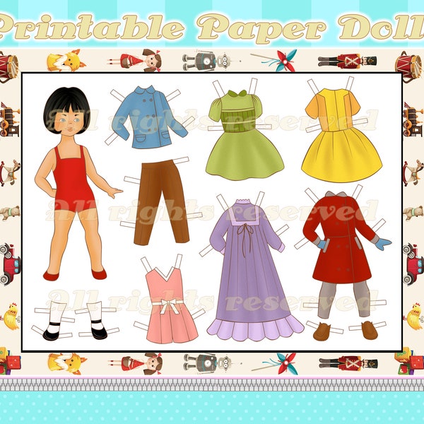 Paper Doll with Clothes PRINTABLE Vintage Retro Model Dress Skirt Shoes Dress Up Pretend Play Kids Crafting Activity Cut Out Fashion Girl