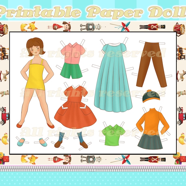 Paper Doll with Clothes PRINTABLE Vintage Retro Model Dress Skirt Shoes Dress Up Pretend Play Kids Crafting Activity Cut Out Fashion Girl