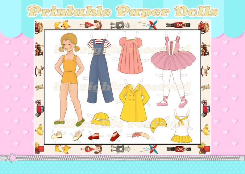 Paper Doll With Clothes PRINTABLE Vintage Retro Model Dress Skirt Shoes