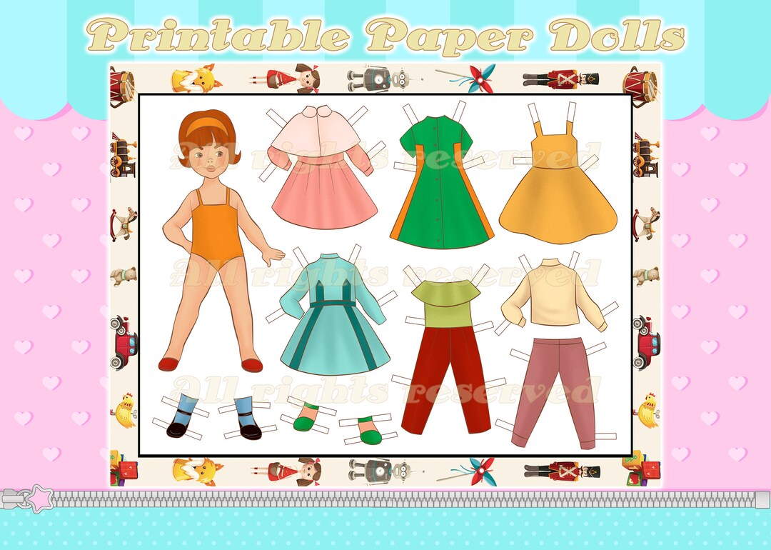 Paper Doll With Clothes PRINTABLE Vintage Retro Model Dress Skirt Shoes Dress up Pretend Play ...