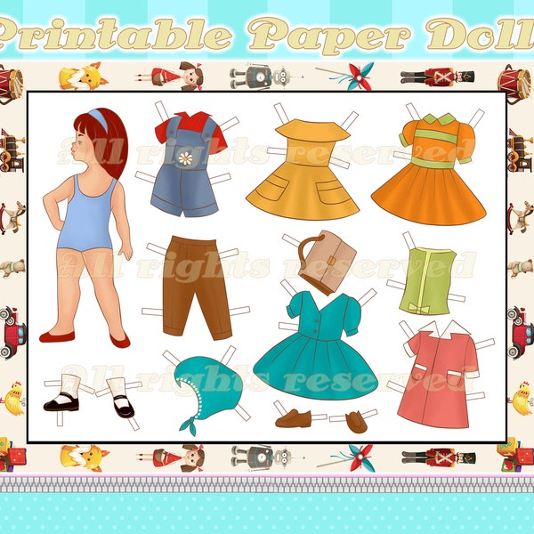 Paper Doll with Clothes PRINTABLE Vintage Retro Model Dress Skirt Shoes Dress Up Pretend Play Kids Crafting Activity Cut Out Fashion Girl