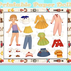 Paper Doll with Clothes PRINTABLE Vintage Retro Model Dress Skirt Shoes Dress Up Pretend Play Kids Crafting Activity Cut Out Fashion Girl