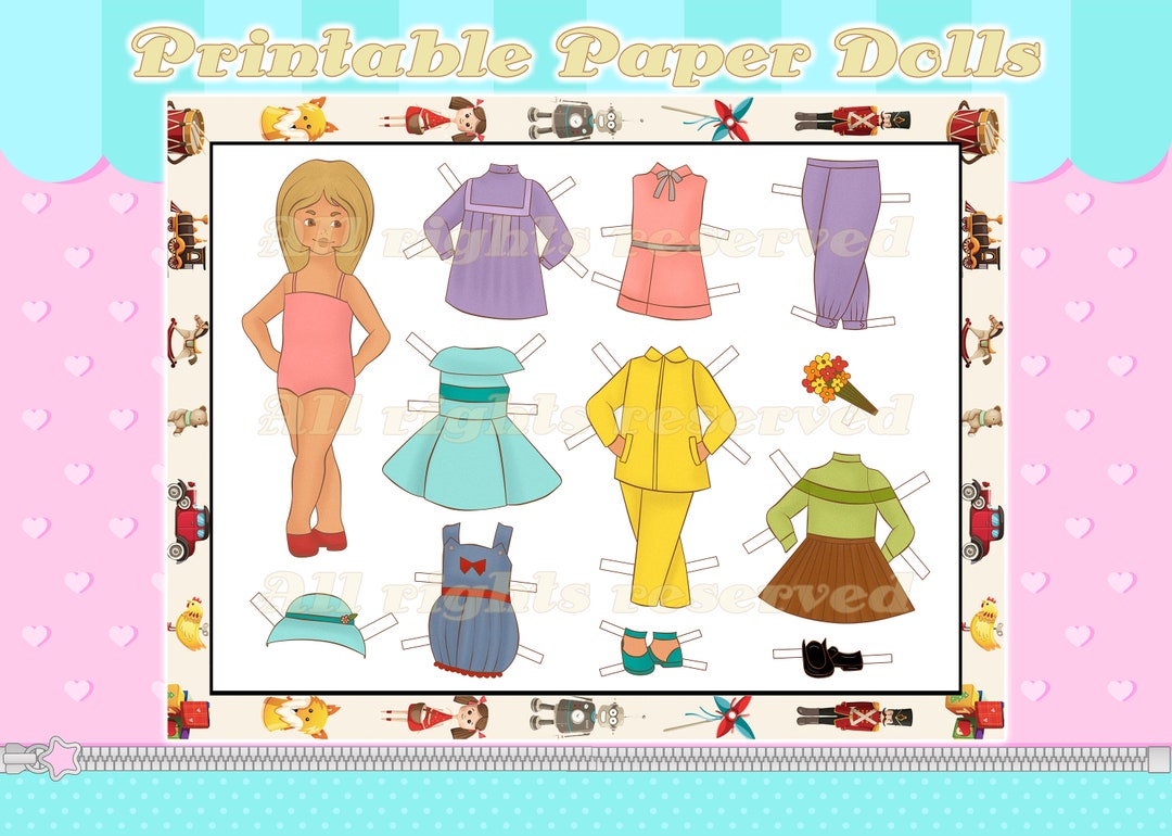 Paper Doll With Clothes PRINTABLE Vintage Retro Model Dress Skirt Shoes Dress up Pretend Play ...