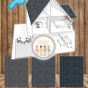 May include: Printable paper doll house roof pattern with three different styles of gray shingles. The pattern is shown on a wooden background.