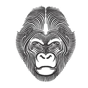 May include: Black and white line art illustration of a gorilla's face.