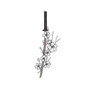 May include: A black katana sword with a silver blade is surrounded by delicate white cherry blossoms.