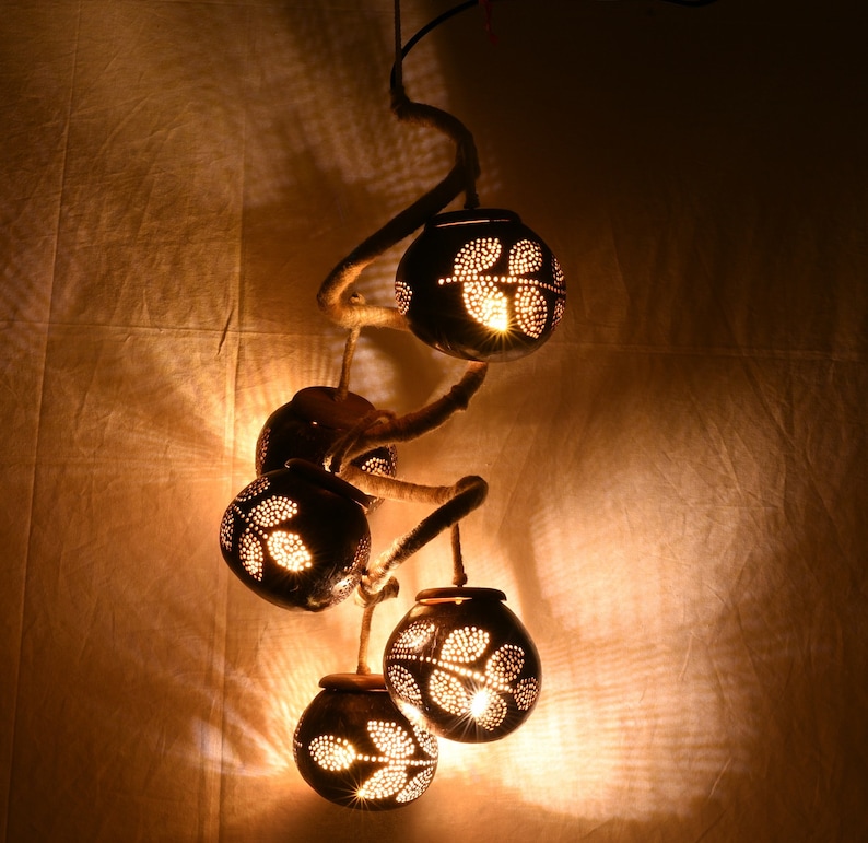 N & H Handmade Hanging Twirled Coconut Shell 5 Balls Leaves Design Ceiling Pendant Lights Decorative Chandelier Light Lamp Home Décor image 2
