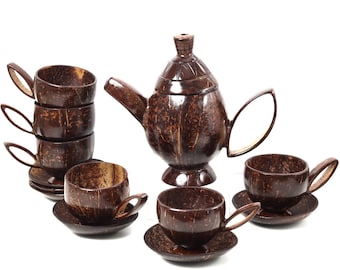 N & H Coconut Shell Tea set with Teapot, 6 Teacups and 6 Saucers, Handmade 100% Natural, India Original, Souvenir, Pure Handcraft