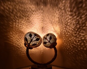 N & H Handmade Coconut Shell 2 Balls Table Lamp With Leaves Design | Desk Lights for Décor | Fancy Night Table Lamps - Home Decor Items