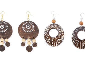N&H Handmade White Color Art Work Coco Wood Women's Coconut Earrings | Combo Pack of 2 Different Designs | Handmade Earrings, Gift for her