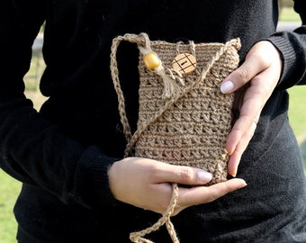 N & H handwoven mobile phone pouch, mini jute bag for smartphone, small vintage boho shoulder bag, travel passport pouch | Gift for her