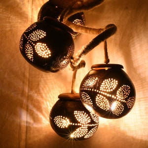 N & H Handmade Hanging Twirled Coconut Shell 5 Balls Leaves Design Ceiling Pendant Lights Decorative Chandelier Light Lamp Home Décor image 4