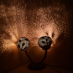 N & H Handmade Coconut Shell 2 Balls Table Lamp With Leaves Design Desk Lights for Décor Fancy Night Table Lamps Home Decor Items image 2