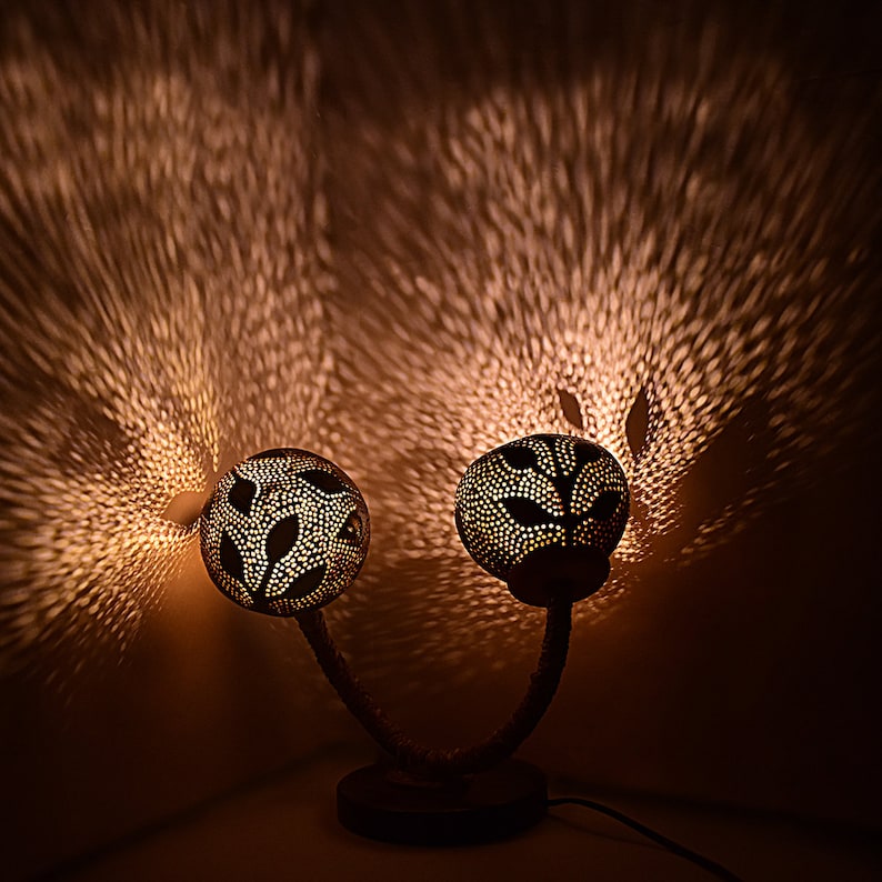 N & H Handmade Coconut Shell 2 Balls Table Lamp With Leaves Design Desk Lights for Décor Fancy Night Table Lamps Home Decor Items image 2