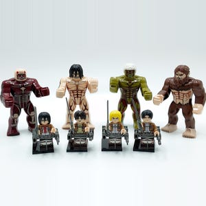 May include: A collection of eight plastic building block figures featuring four large, muscular humanoid characters in red, tan, green, and brown, alongside four smaller human figures wearing brown jackets and grey gear with swords.