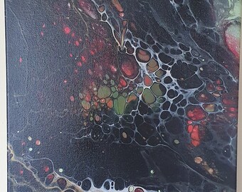 Sussurri notturni, silenzio, profondità misteriosa, tecnica della colata, verde, rosso, 30 x 60 cm