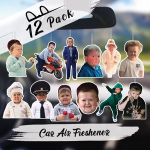 May include: A 12 pack of car air fresheners featuring different images of children. The air fresheners are shaped like a circle and have a string for hanging.