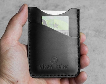 Cartes de portefeuille minimalistes en cuir cousues à la main, Cash - Noir
