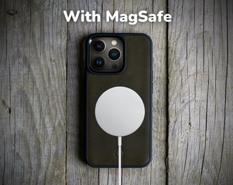 Étui en cuir vert militaire MagSafe pour iPhone séries 14, 13, 12