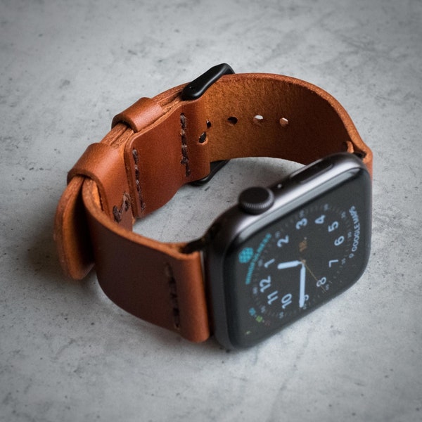 Bracelet de montre en cuir fait main pour Apple Watch, bracelet iWatch 40 mm 41 mm 44 mm 45 mm - Couleur cognac