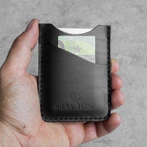 Handgestikte lederen minimalistische portemonnee-kaarten, contant geld - zwart