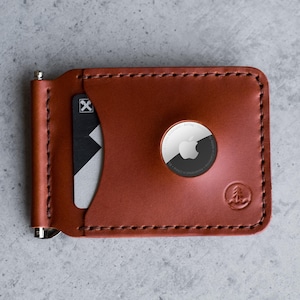 Portafoglio Dolar in pelle cucito a mano AirTag per monete, contanti, carte - Cognac