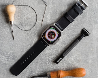 Handgefertigtes Lederarmband für Apple Watch Ultra Band, Armband iWatch ULTRA - Schwarz