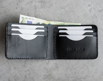 Handgenähte Leder Brieftasche Karten, Bargeld - Schwarz